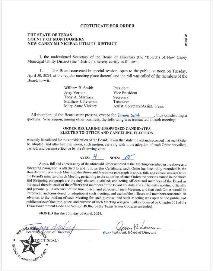 exeExecuted - Order Declaring Unopposed Candidates and Canceling Election