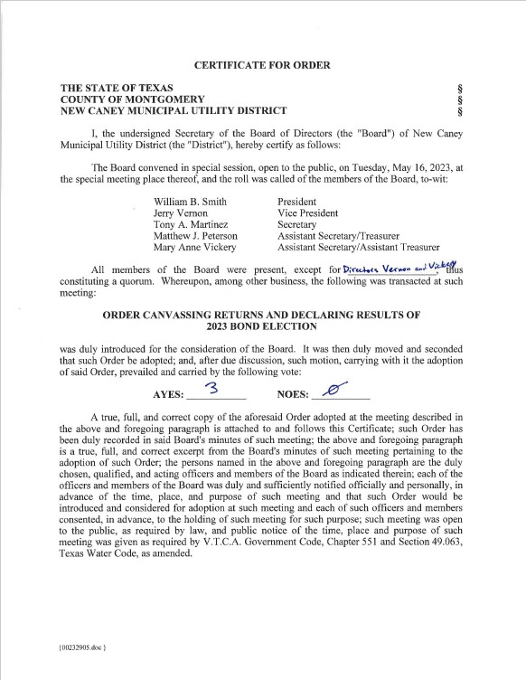 Order Canvassing Bond Election Results (pg 1)